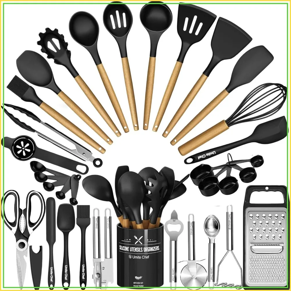 

34PCS Silicone Kitchen Utensil Set with Holder, Heat Resistant Spatula Set for Nonstick Cookware, Wooden Handle Cooking Tools
