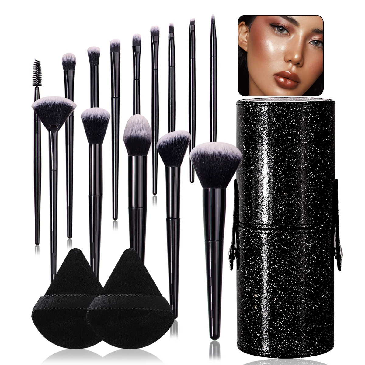 A Set of 14 High-Quality Multi-Purpose Facial Makeup Brushes +2 Soft Triangular Powder Puffs +1 Portable Storage Bucket