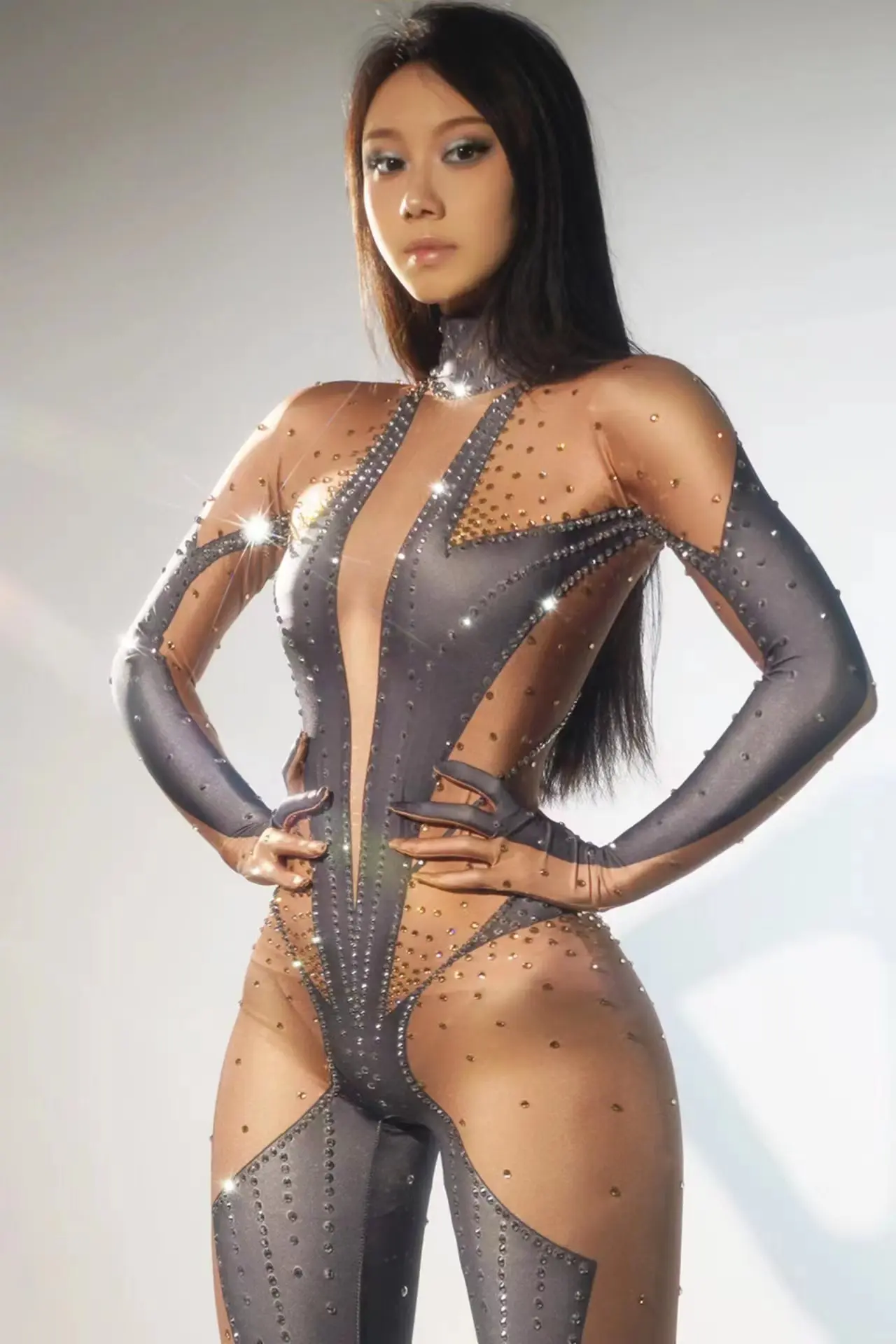 Sparkly Rhinestones Jumpsuit with Gloves Pole Dancing Costume Dancer Performance Show Stage Wear Nightclub Dance Activity Outfit