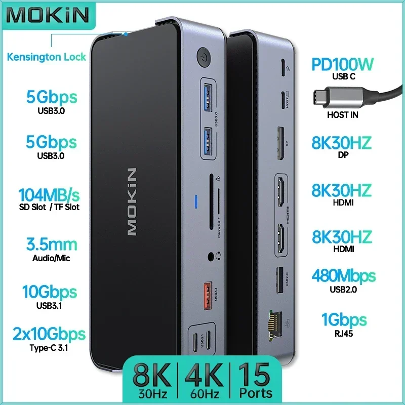 MOKiN 15 in 1 USB C Hub Docking Station 8K 30HZ 3 Channels 4K 60HZ HDMI DP USB 3.0 3.1 SD/TF RJ45 Audio PD for Mac iPad Laptop