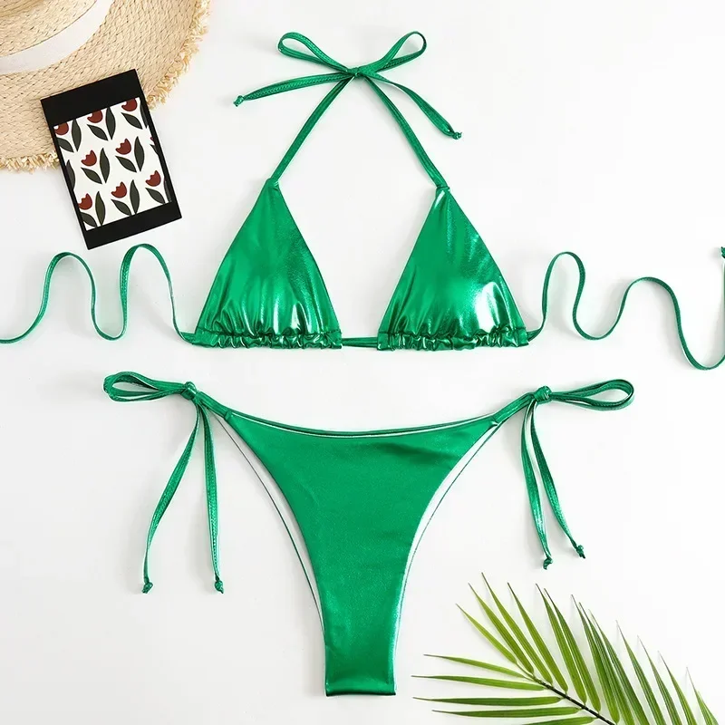 Sexy Verde Lucido Micro Bikini Perizoma Costume Da Bagno Delle Donne Mini String Halter Triangolo Costumi Da Bagno Costume Da Bagno Rosa Bikini Set 2024 Mujer