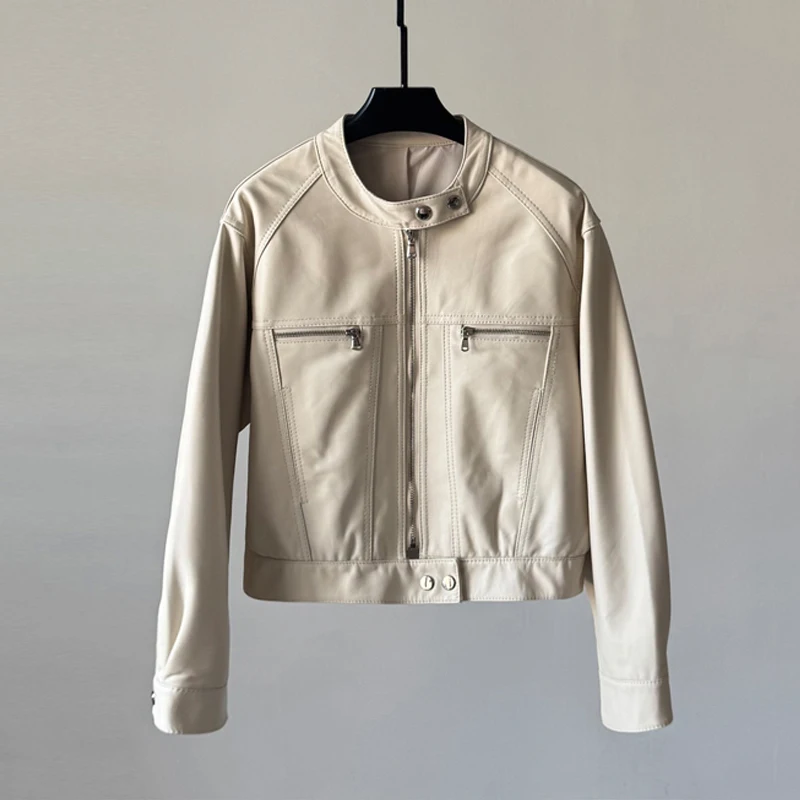 レディースカジュアルショート丈本革ジャケット 2025年秋ファッション スタンドカラー ジッパー付き シープスキン ライダースジャケット コート
