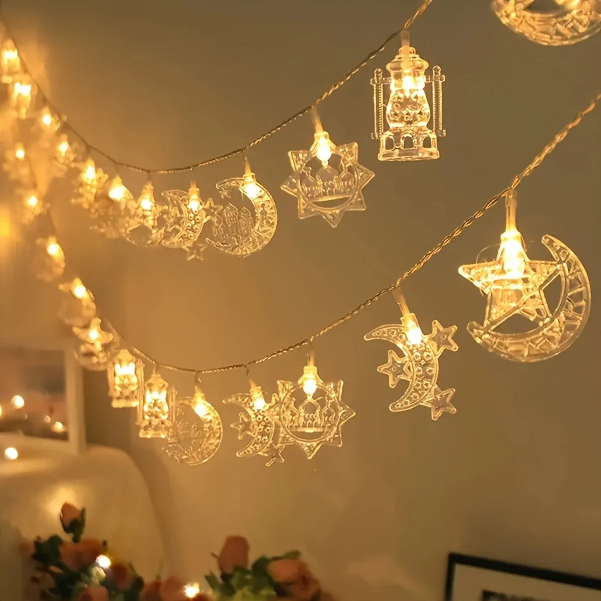 2 Pack 3m 20LEDs Ramadan Eid Mubarak Decorations Crescent Moon Star Lantern Hanging Ornaments Muslim Islamic Home Decor Gift