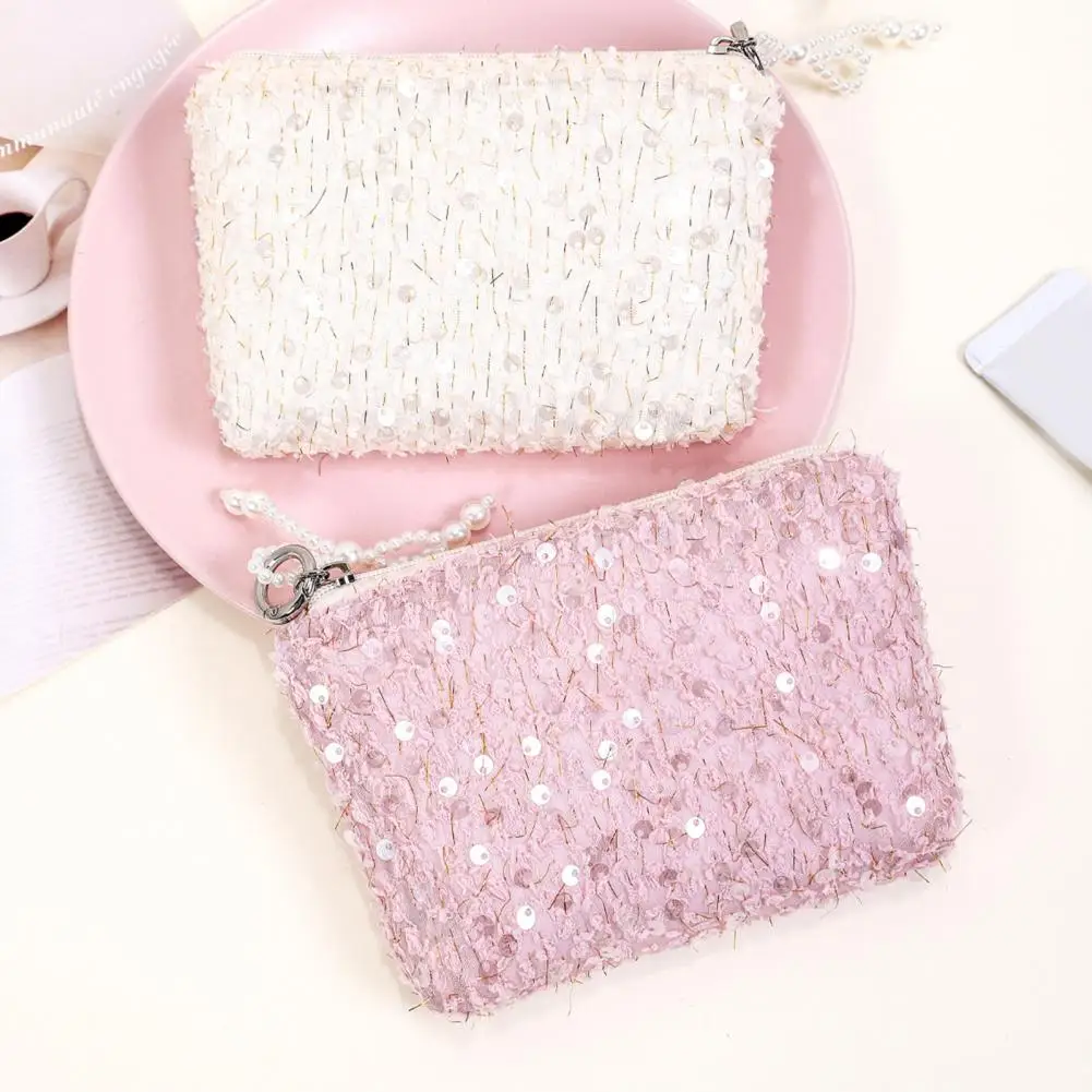 Portable Cosmetic Bag Sequined Cosmetic Bag with Faux Pearl Bow Stylish Glittery Makeup Clutch Portable Travel for Women
