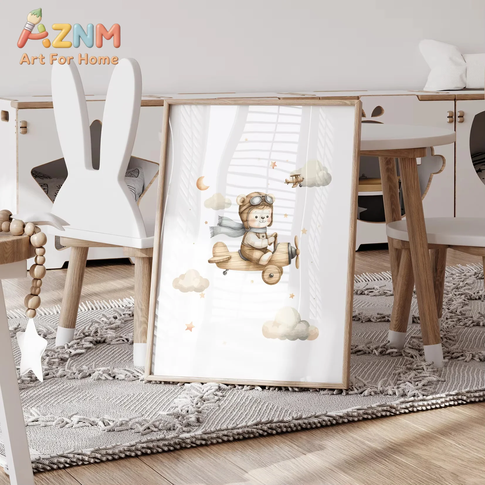 AZNM Cartoon Children Yellow Helicopter Teddy Bear Wall Art Prints Canvas Painting Poster Picture For Living Room Home Decor