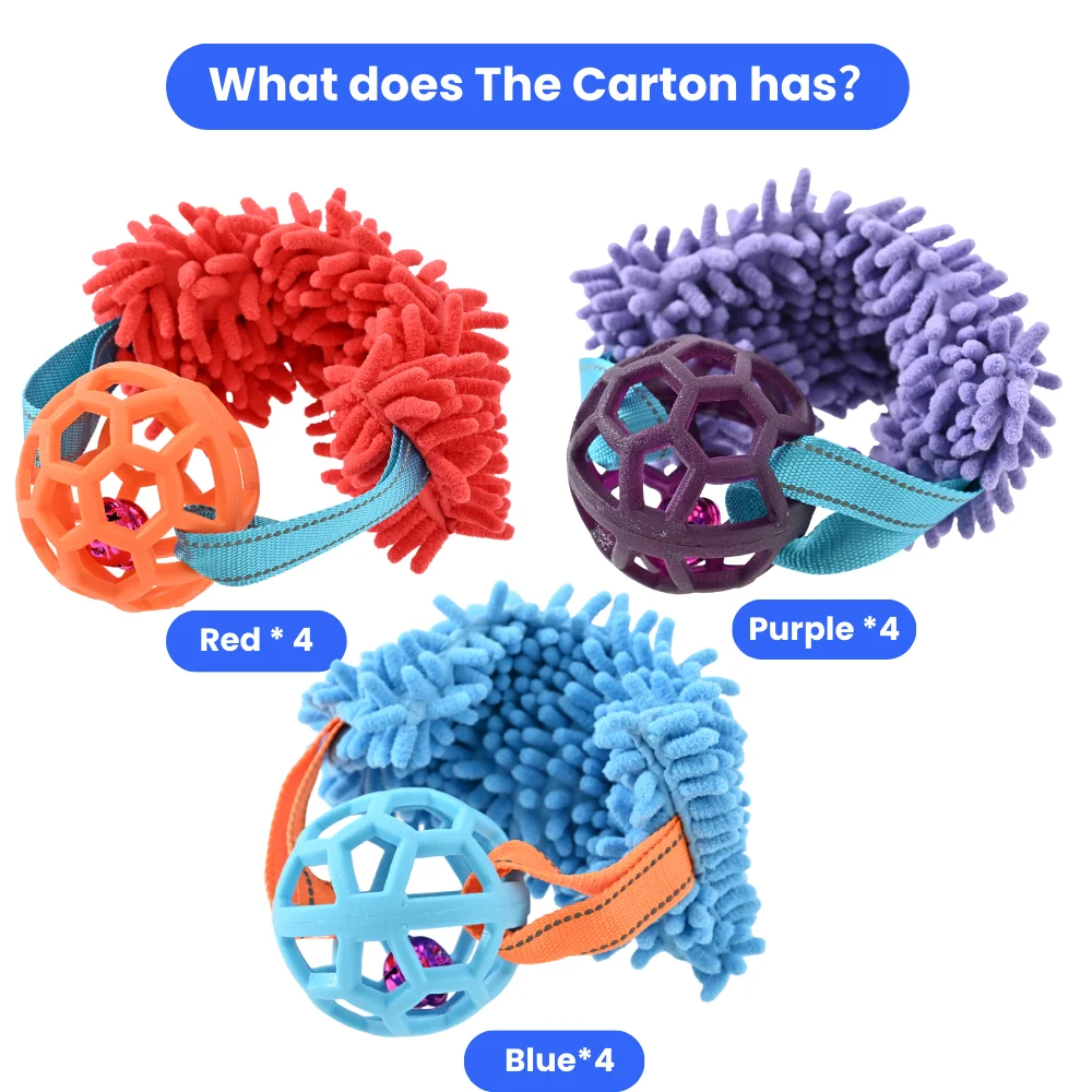 12PCS/Carton Interactive Dog Chew Ball Toy 3 Colors Mixed TPR Treat Ball with Polyester Snuffle Fabric Tug Toy for Dogs