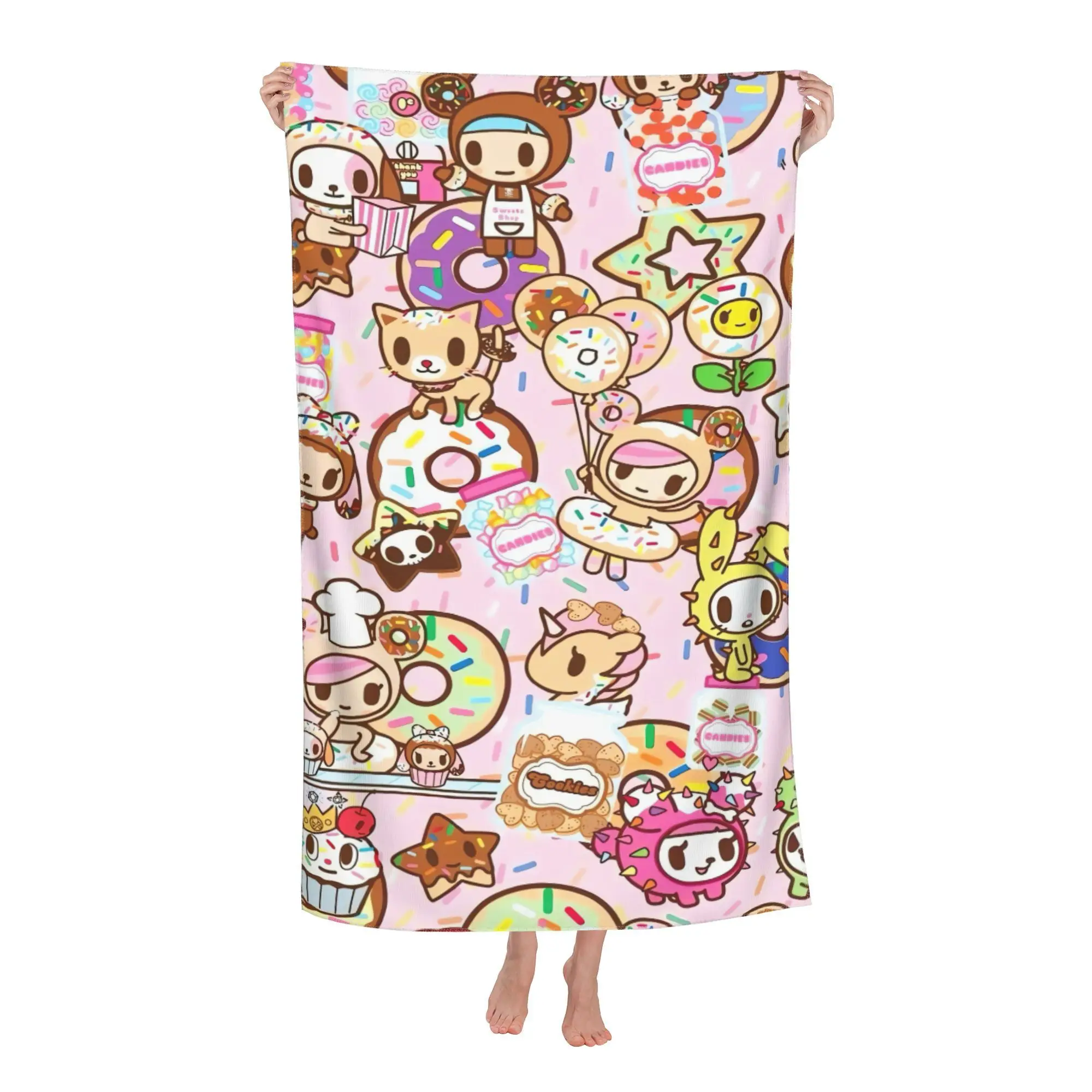Tokidoki Donutella & Friends Beach Towel Microfiber Soft Quick Dry Kawaii Donut Print Bath Towel for Bathroom Swimming Outdoor