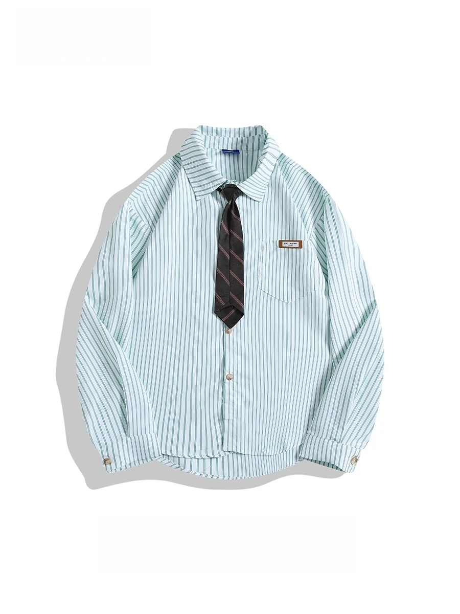 2025 Spring and Autumn Men's Vertical Striped Tie Blue Long Sleeve Shirt Casual College Style Green Brown Shirt