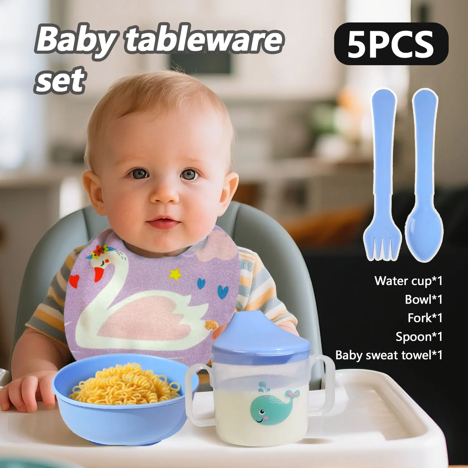 

Children's tableware set, including 4-in-1 bowls, cups, spoons and forks for healthy eating (safe plastic)
