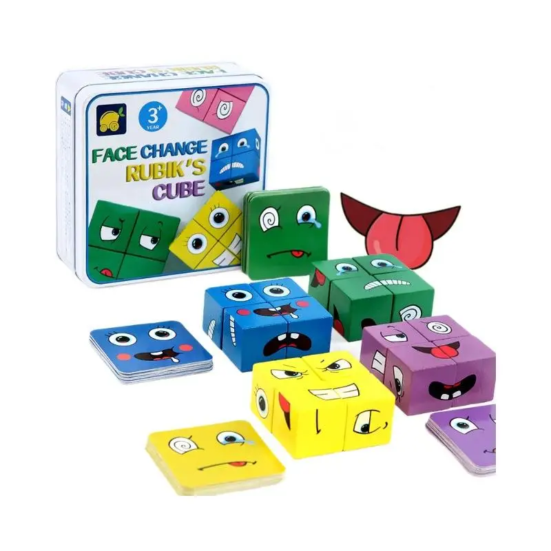 Interactive Wooden Exprion Cube Building Blos Toy for Children Toddler Face Changing Magic Cube Parent Child Game