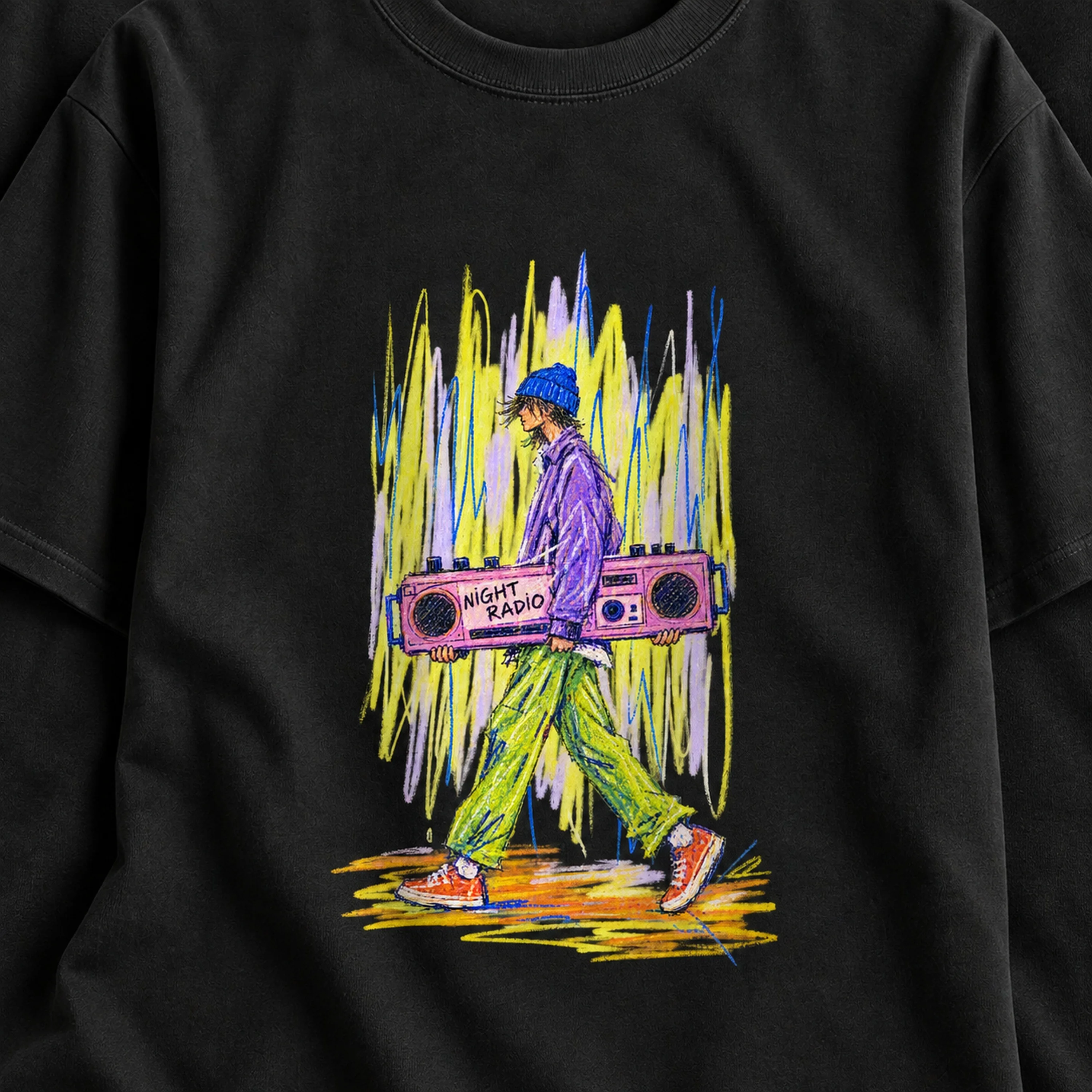 Night Radio Crayon Figure Graphic T-Shirt