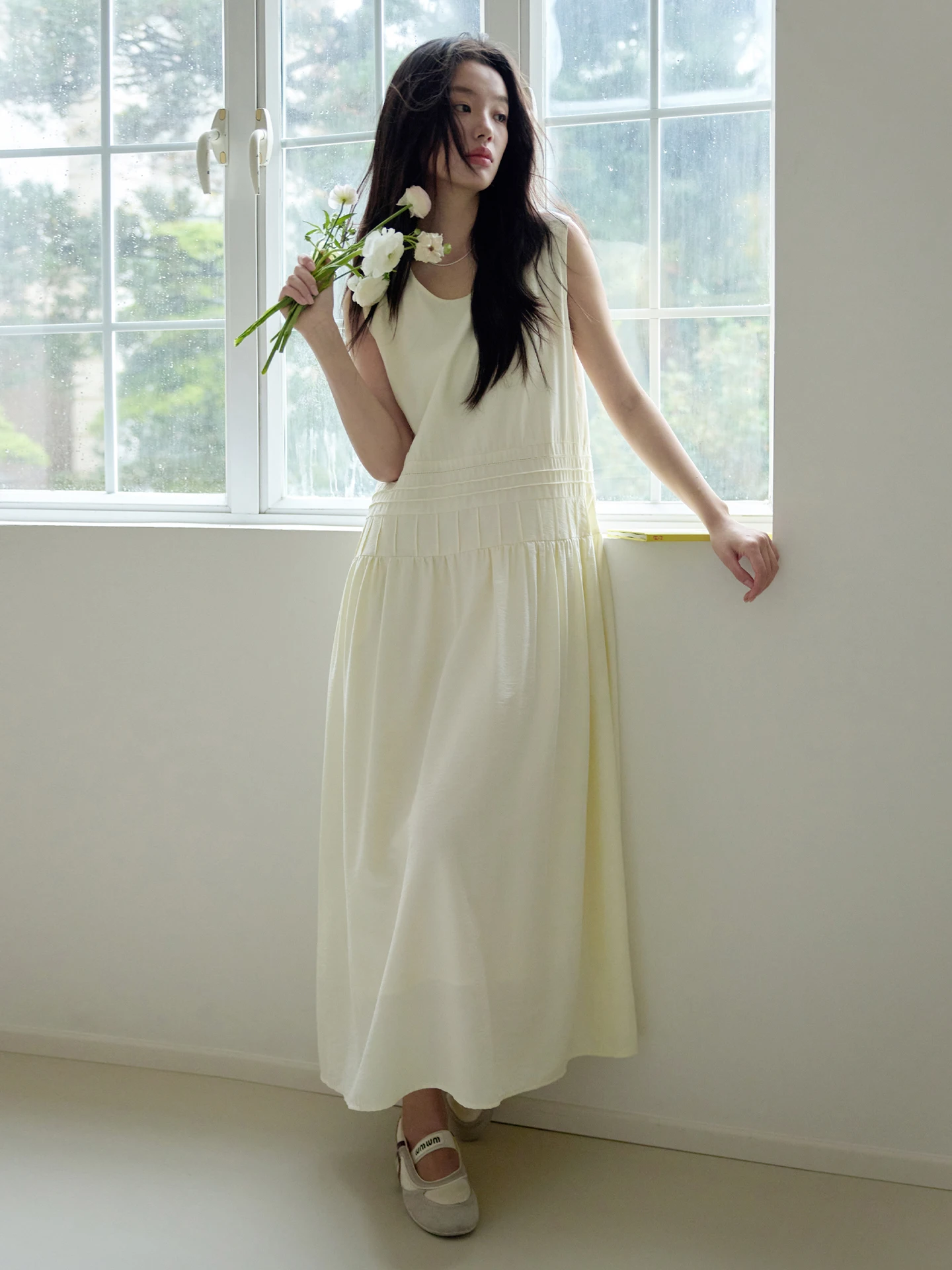 

Summer Women's Loose Sleeveless Dress Embossed White Slimming Vest Long Skirt Casual Cotton Blend Comfortable Breathable