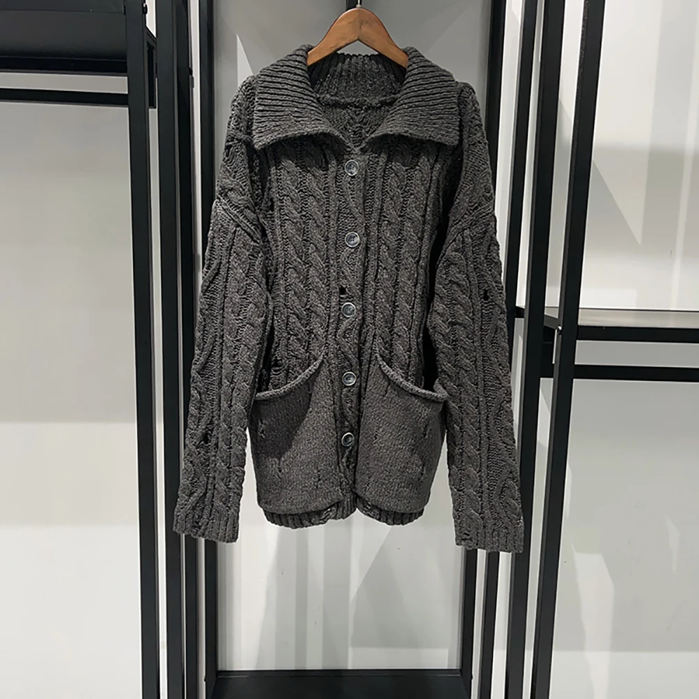 

Cotton-Blend Women's Cardigan Y2K Chunky Cable Knit Double Pocket Decorative Collar Long-Sleeve Knit Top Fall 2025 New Arrival