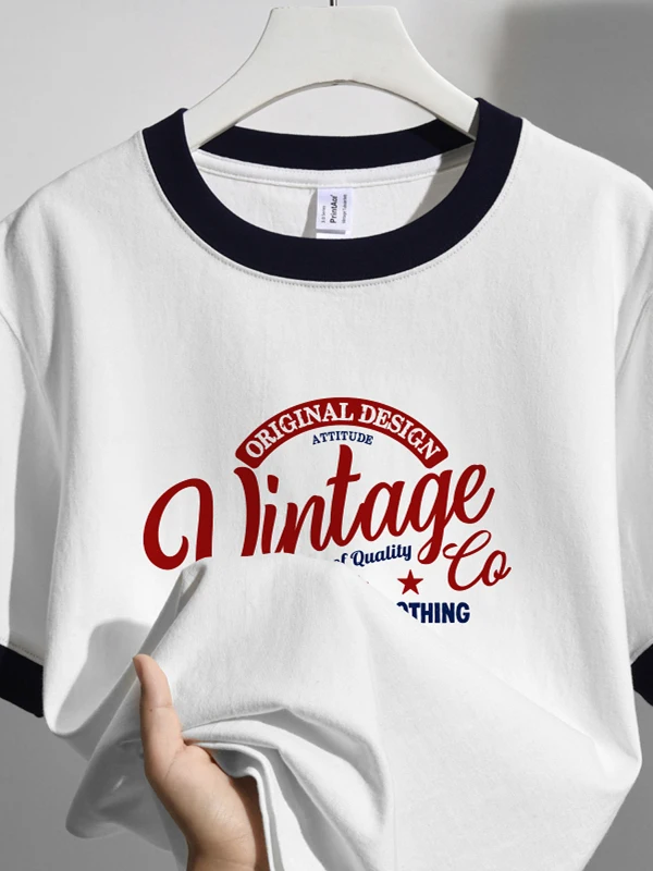 Season-Defying Cotton Short-Sleeve T-Shirt Contrast Color Men's Summer Top Streetwear Style round Neck Print Casual Outerwear