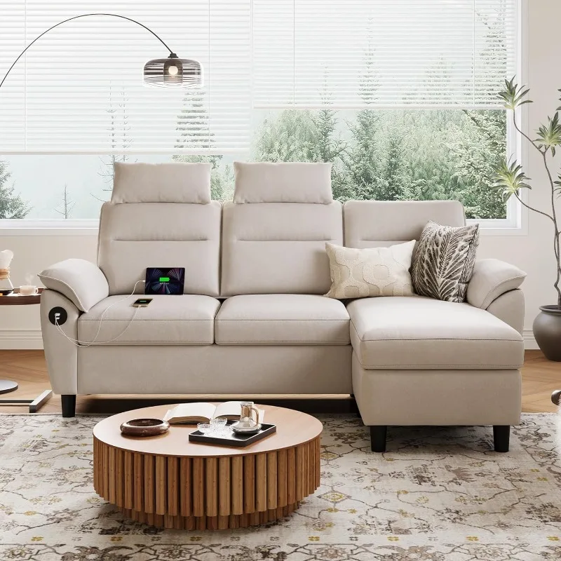 

Sectional Sofa, High Back Sectional Couch with Ottoman, 2 USB and Storage Bags, L Shaped Sofa with Extra Headrests