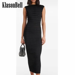 3.18 KlasonBell Fashion Egegant Three-dimensional Striped Decoration O-Neck Sleeveeless Street Skinny Knit Long Dress Women