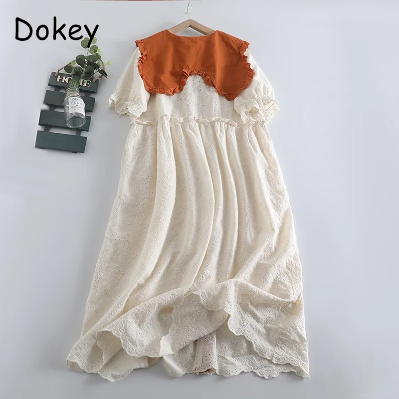 Vintage Embroidery Hollow Out White Dress Women Japanese Ruffles Peter Pan Collar Lace-up Loose Patchwork Dress Summer Vestidos