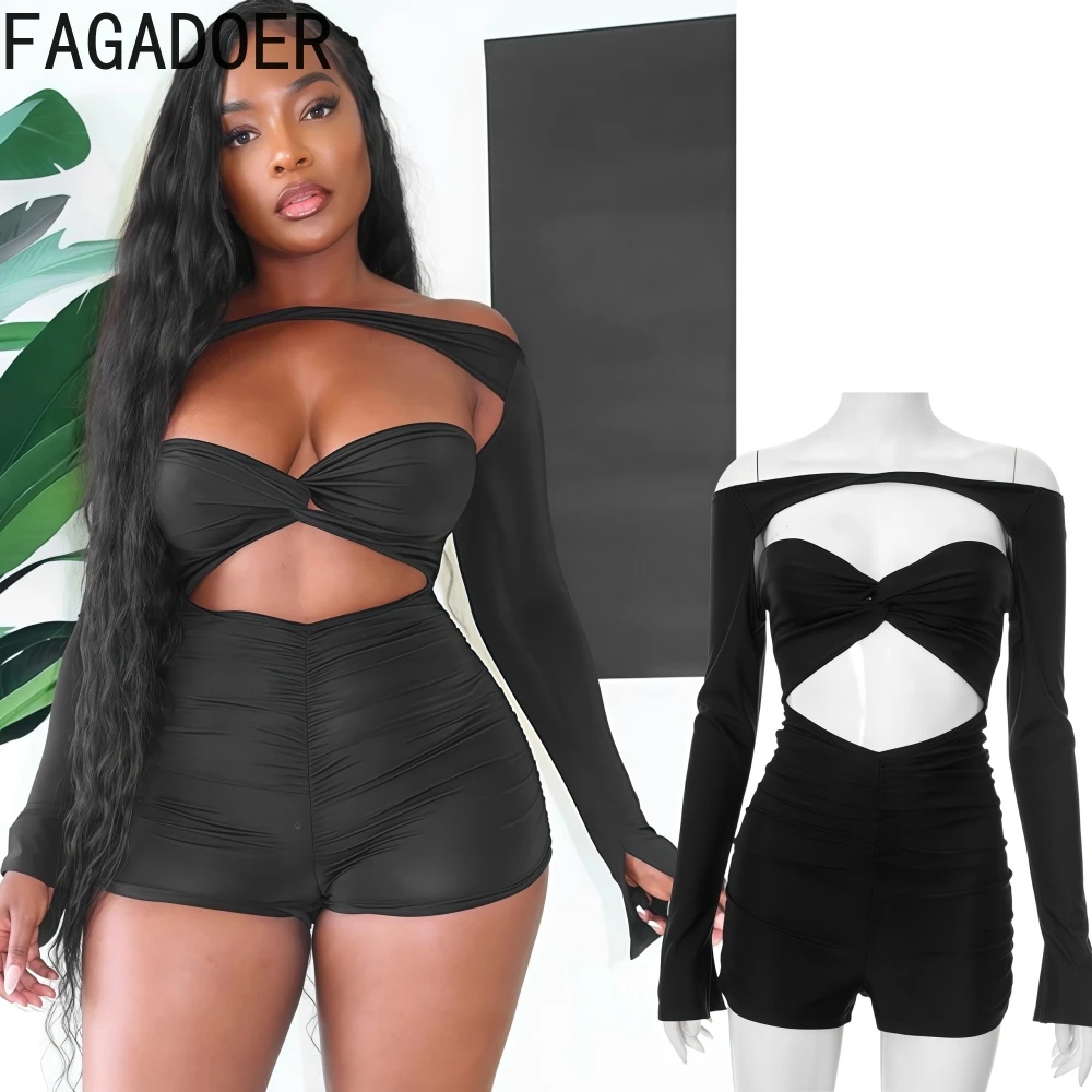 

FAGADOER Sexy Hollow Out Bodycon Rompers Women Off Showlder Long Sleeve One Piece Jumpsuits Female Streetwear Overalls Summer