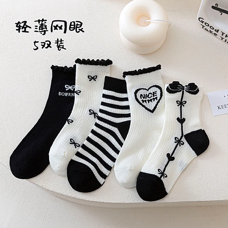 

Детские носки, весенне-летние сетчатые тонкие кружевные носки-трубочки, дышащие черно-белые полосатые носки для девочек среднего и детского хлопка