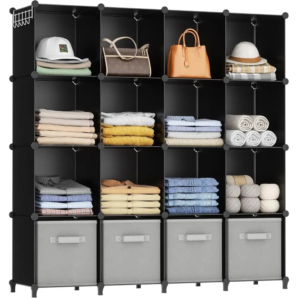 16 Cube Storage Organizer, Closet Bookshelves Shelves Clothes, Bedroom Kids Room Bathroom Wardrobe Garment Racks, Black
