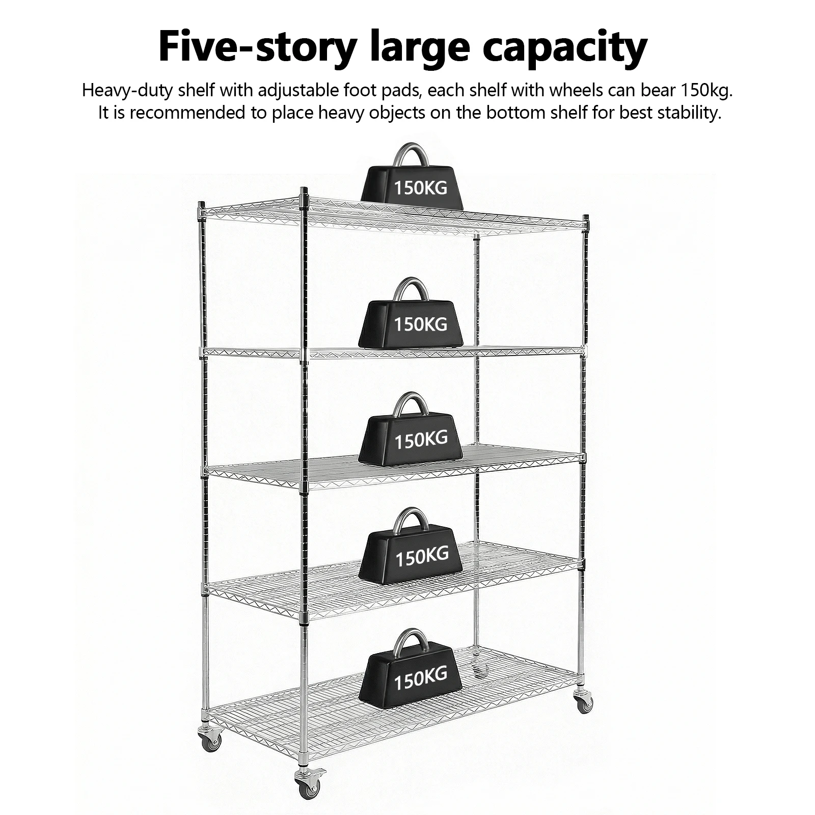 

5-ярусный стеллаж на колесах, 60 дюймов (длина) x 24 дюйма (ширина) x 79 дюймов (высота), регулируемая высота, нагрузка 331 фунт на полку, для кухни, кладовой, гаража