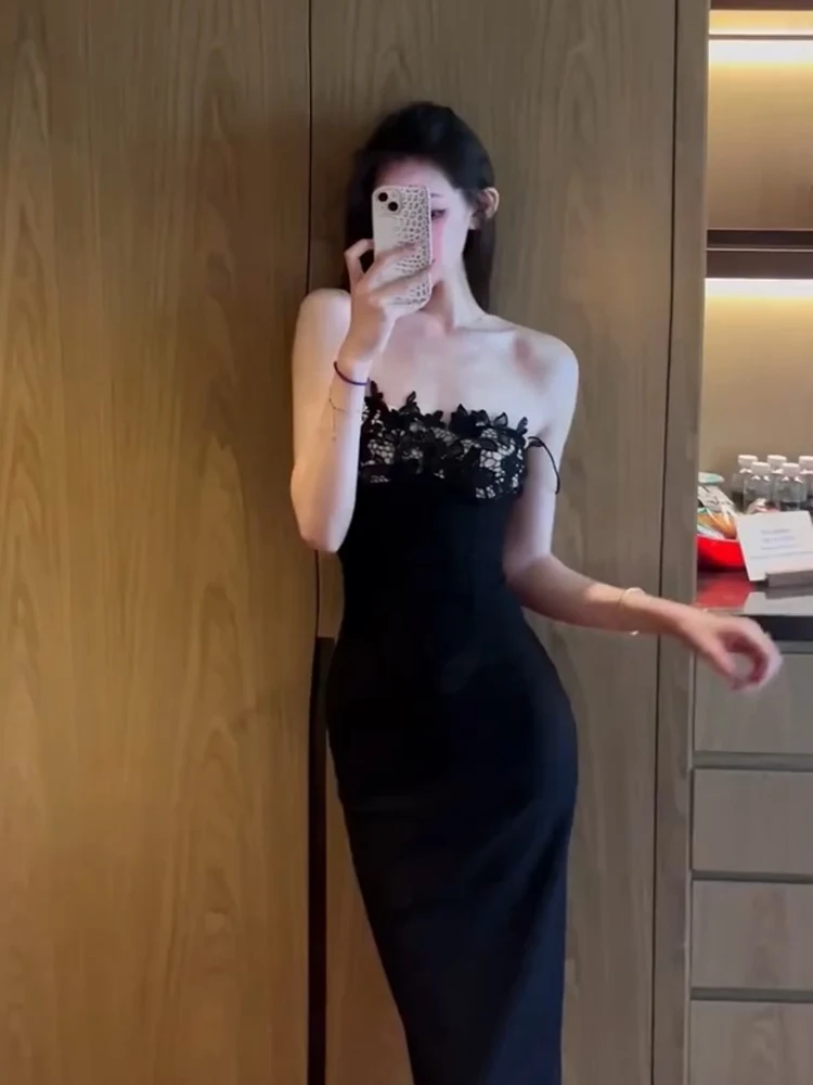 

Sexy Lace Splice Bla Dr Slim Fit High Waist Long Skirt for plus Size Women Casual Sle No Sve Summer Dr