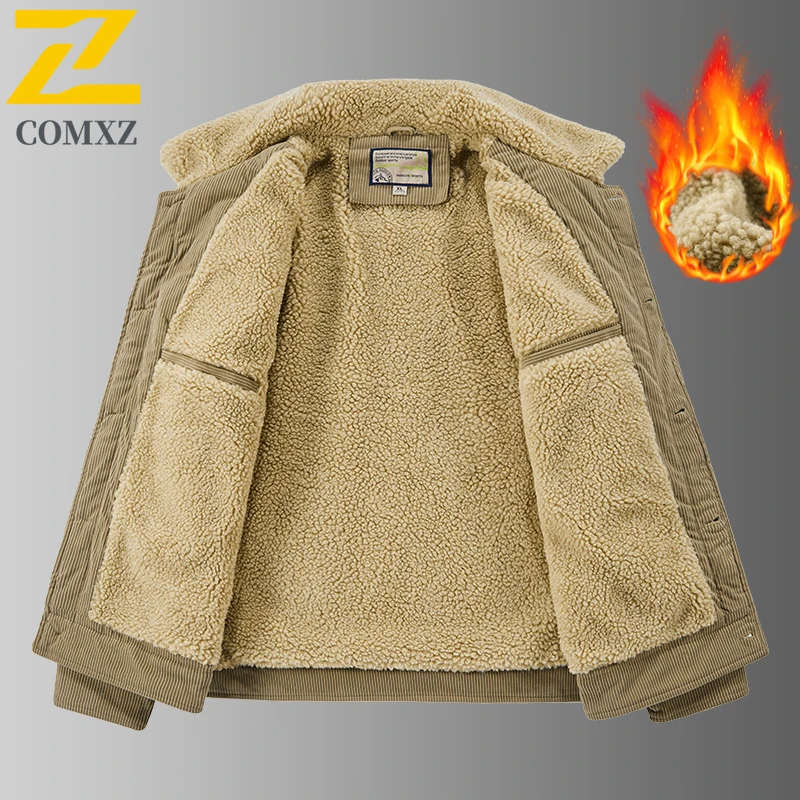 COMXZ Men Corduroy Padding Coat Lapel Outdoor Travel Warm Parkas Single Breasted Business Comfort Lightweight Winter Jackets