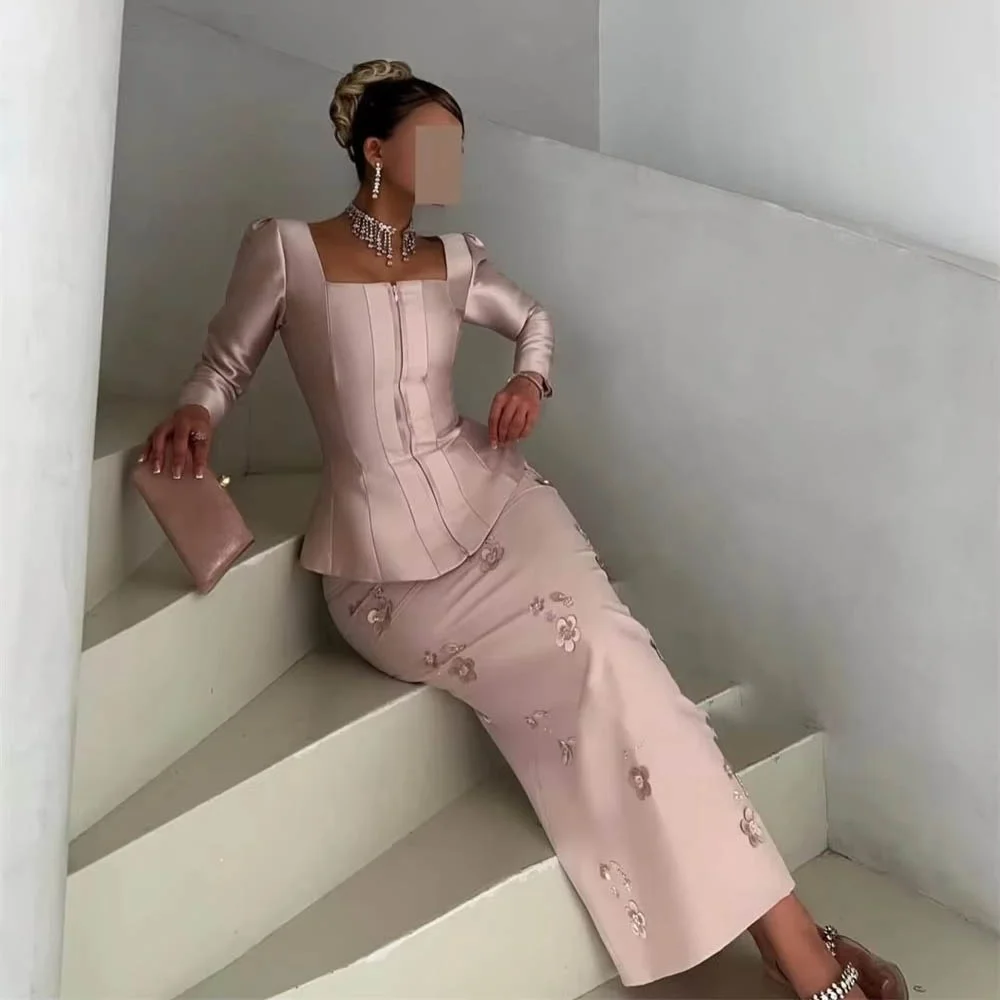 

Mermaid Zipper Flower Evening Dress Charming Customized Square-neck Prom Dress Long Sleeve Ruched Party Gown вечернее плать