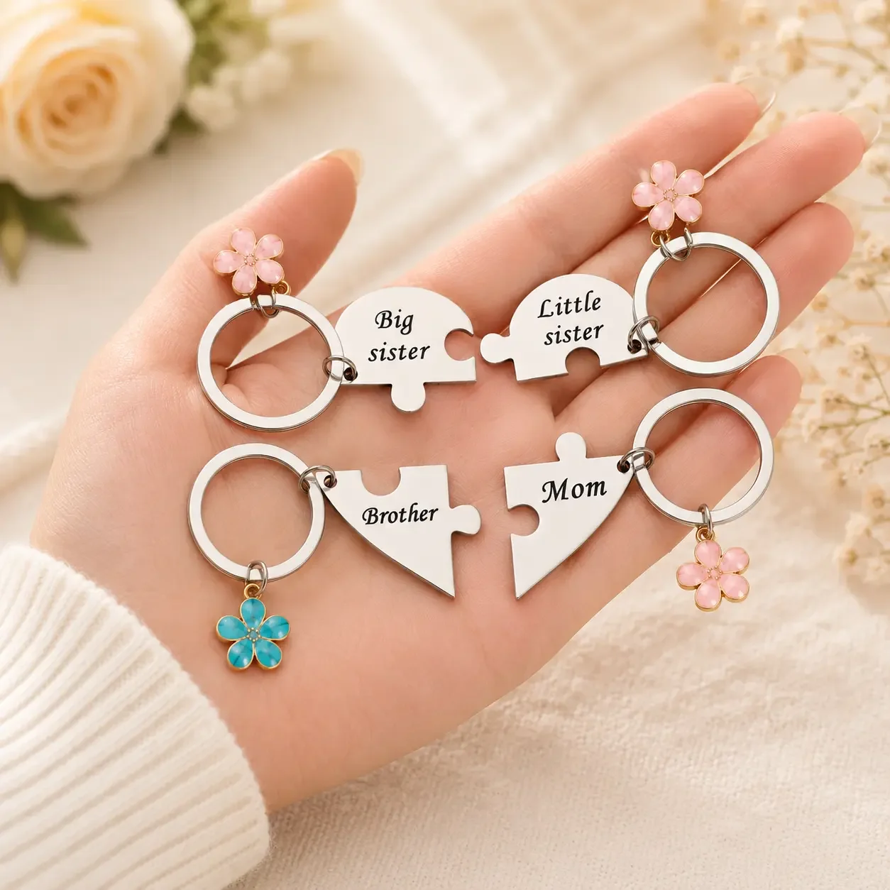 Mother & Children Puzzle Keychain Set for 4, Mom Big Sister Little Sister Brother Family Matching Keychains, Sweet Meaningful Gift for Mother’s Day, Birthday, Christmas or Just Because