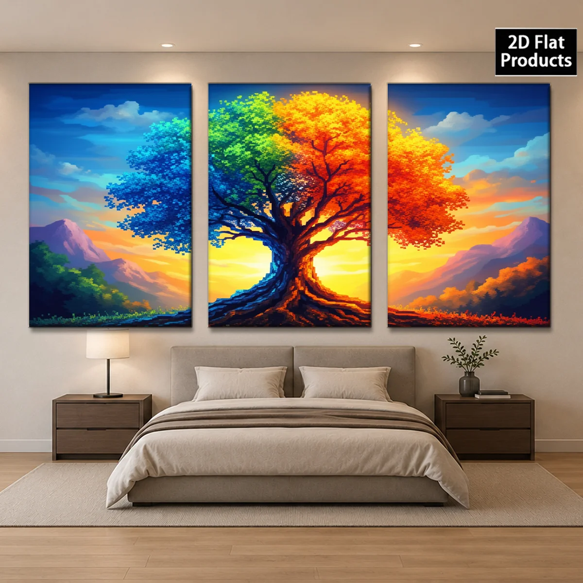Frameless 3PCS 2D Decorative painting - Canvas painting - Three panels show a tree with blue green and orange leaves against