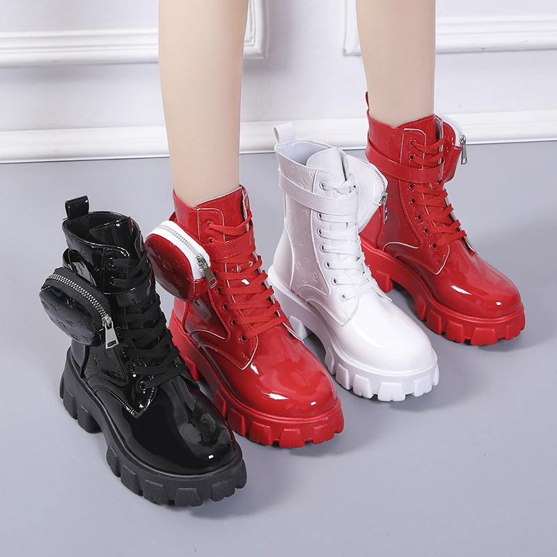 Red Punk Ankle Thick-soled Motorcycle Ankle Boots Women\'s Lace-up Autumn Thick Heel Belt Buckle Pocket Designer Chunky Shoes