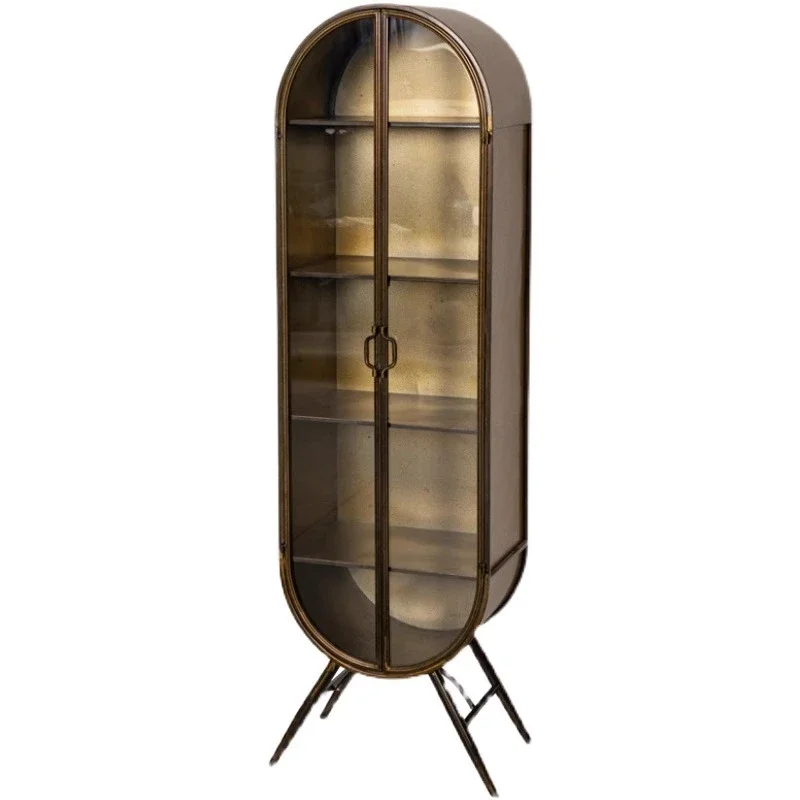 

American industrial style dining side cab net dou ble d oor gla ss wi ne ca binet retro wro ught iron loc ker figu re