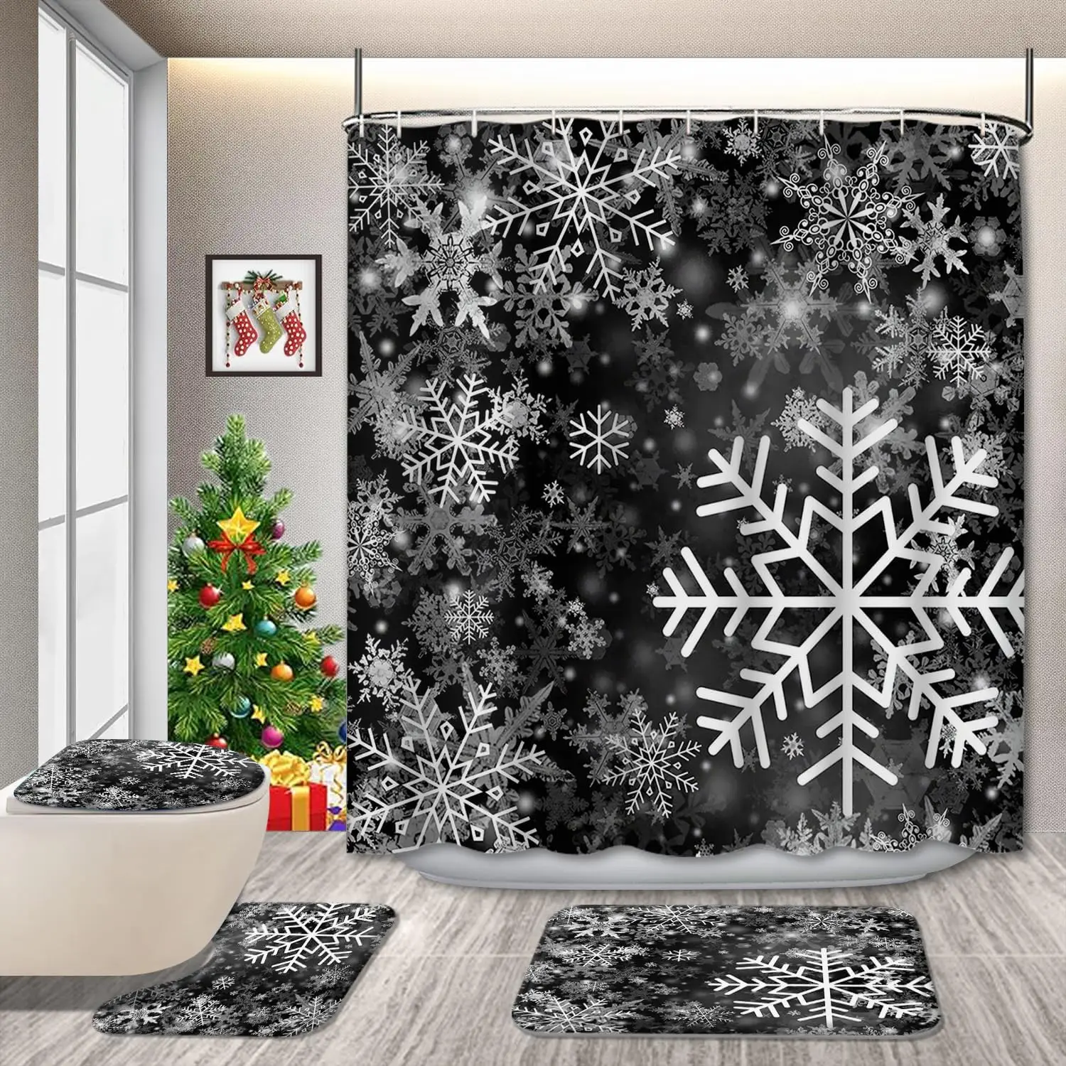

4-х шт. Набор занавесок для душа «Снежинка» с нескользящим ковриком, крышкой для унитаза и ковриком для ванной Happy Holiday Winter Black