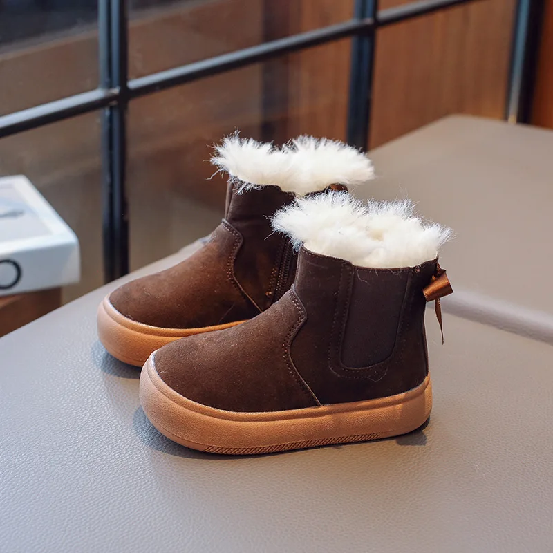 2024 Children Winter Snow Boots Suede Plush Girls Boots Flat Bottom Anti Slip Kids Ankle Boot Fashion Bow Warm Baby Cotton Shoes