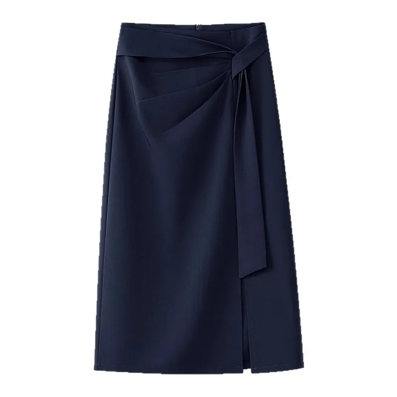 الصلبة اللون البدلة شق ميدي تنورة الصيف أزياء بسيطة القوس تصميم أنيق ألف خط تنورة #5