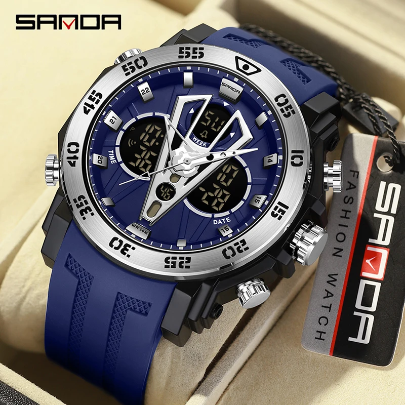 SANDA 6105 Men's Electric Watch Multi-Function Fashion Trend Outdoor Luminous Alarm Clock Waterproof Shockproof Wristwatch 2023