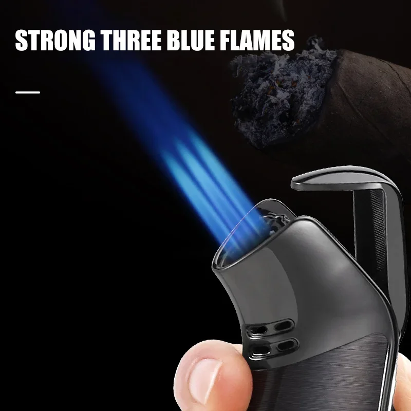 

Newest Windproof Three Blue Flame Inflatable Lighter Bottom Cigar Cutter Design Adjustable Flame Size Metal Body Press Ignition