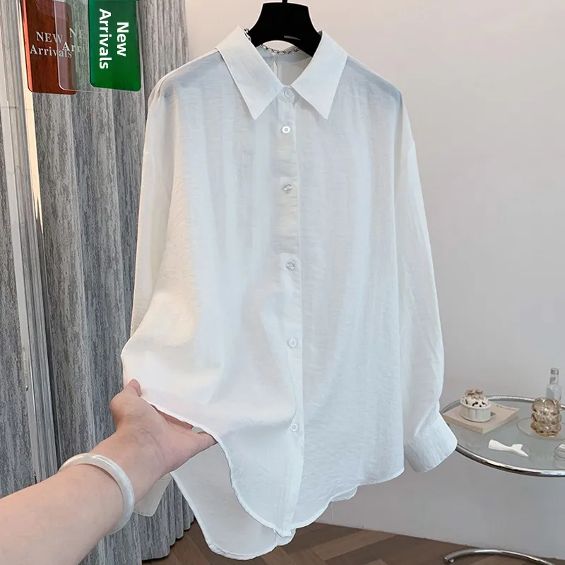 Branco casual sle lyocell longo sve faionable proteção solar irt feminino verão na moda irt versátil camadas topo