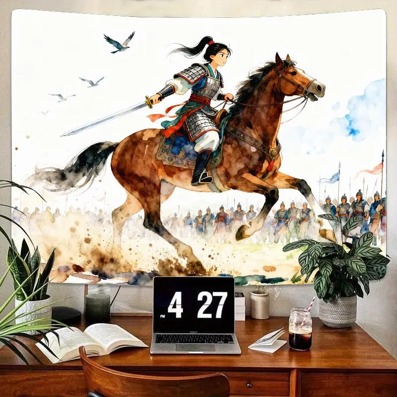 

1 шт., гобелен в стиле мулан, девушка-воин, лошадь, китайский эпический акварельный настенный рисунок, полиэстер, декор для гостиной, спальни, храбрый женский