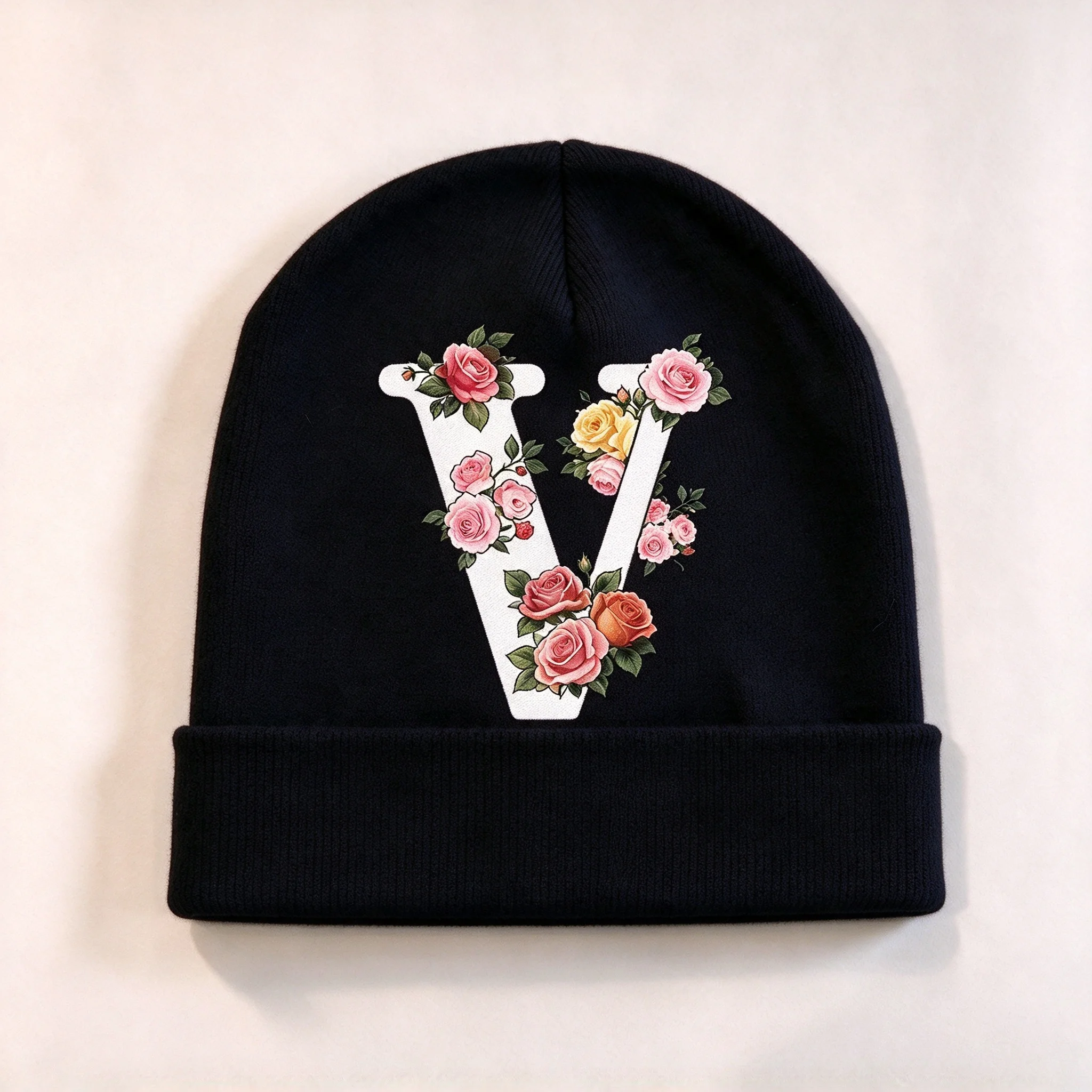 2026 Cuffed Beanie Hat Floral Letter V Print Soft Casual Daily Outdoor Headwear for Men Women Autumn Winter