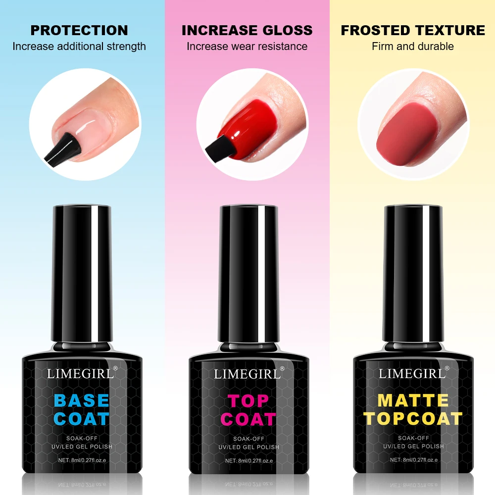 Limegirl Gel Nail Kit with 36W UV Lamp 6pcs Set 8ml Professional Nail Polish Base Top Coat Matte Finish for DIY Home Nail Art