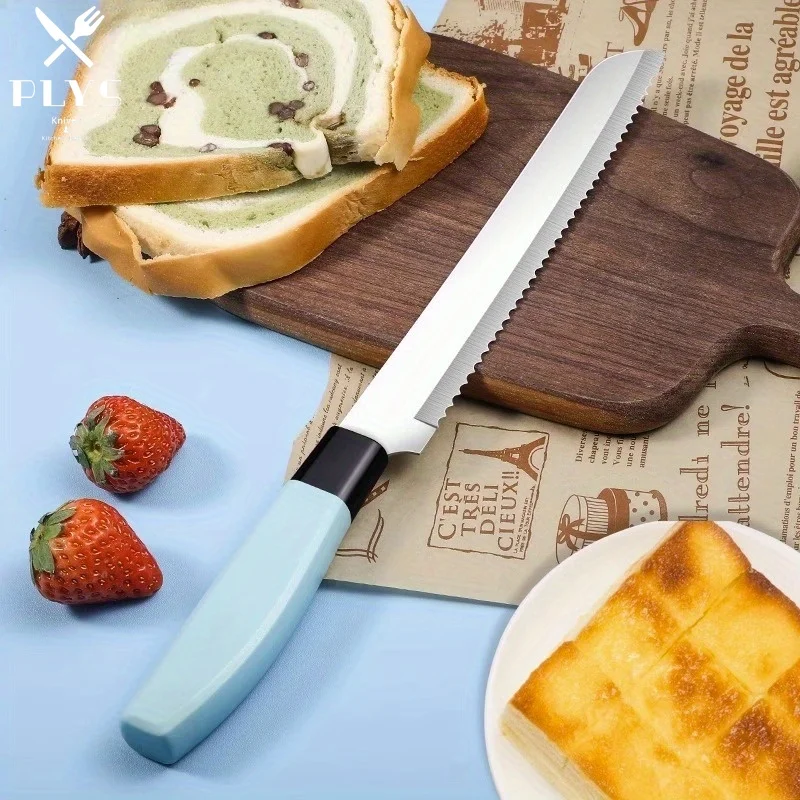 PLYS Bread Knife Stainless Steel Sharp Cutting Bread No Crumb Serrated Knife Household Extra Long Toast Slicing Knife