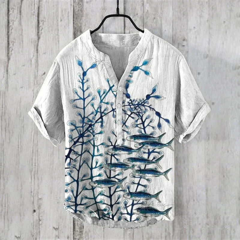 Fresh Chinese Bamboo Ink Print Cross border Summer Men's New Shirt Elegant Style 3 Button Large Standing Neck Short Sleeve