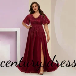 Chiffon Mother of the Bride Dresses Sparkle V Neck Wedding Guest Elegant Lace Sequined Short Sleeve with Split Front Plus Size