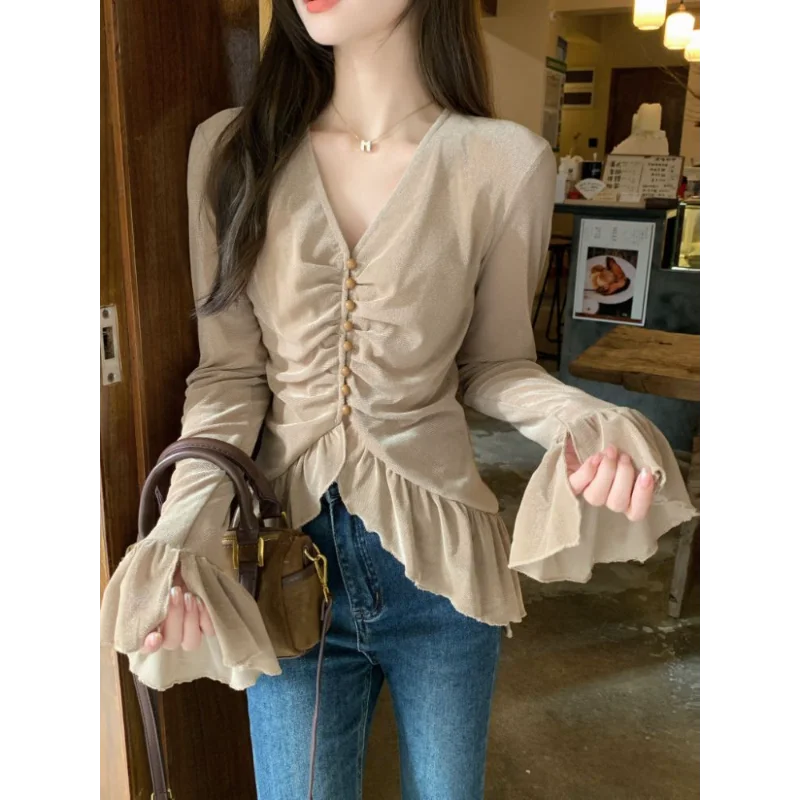 

Spring Summer Thin V Neck Pleated Slimming Bell Sleeve Blouse Irregular Layering Top