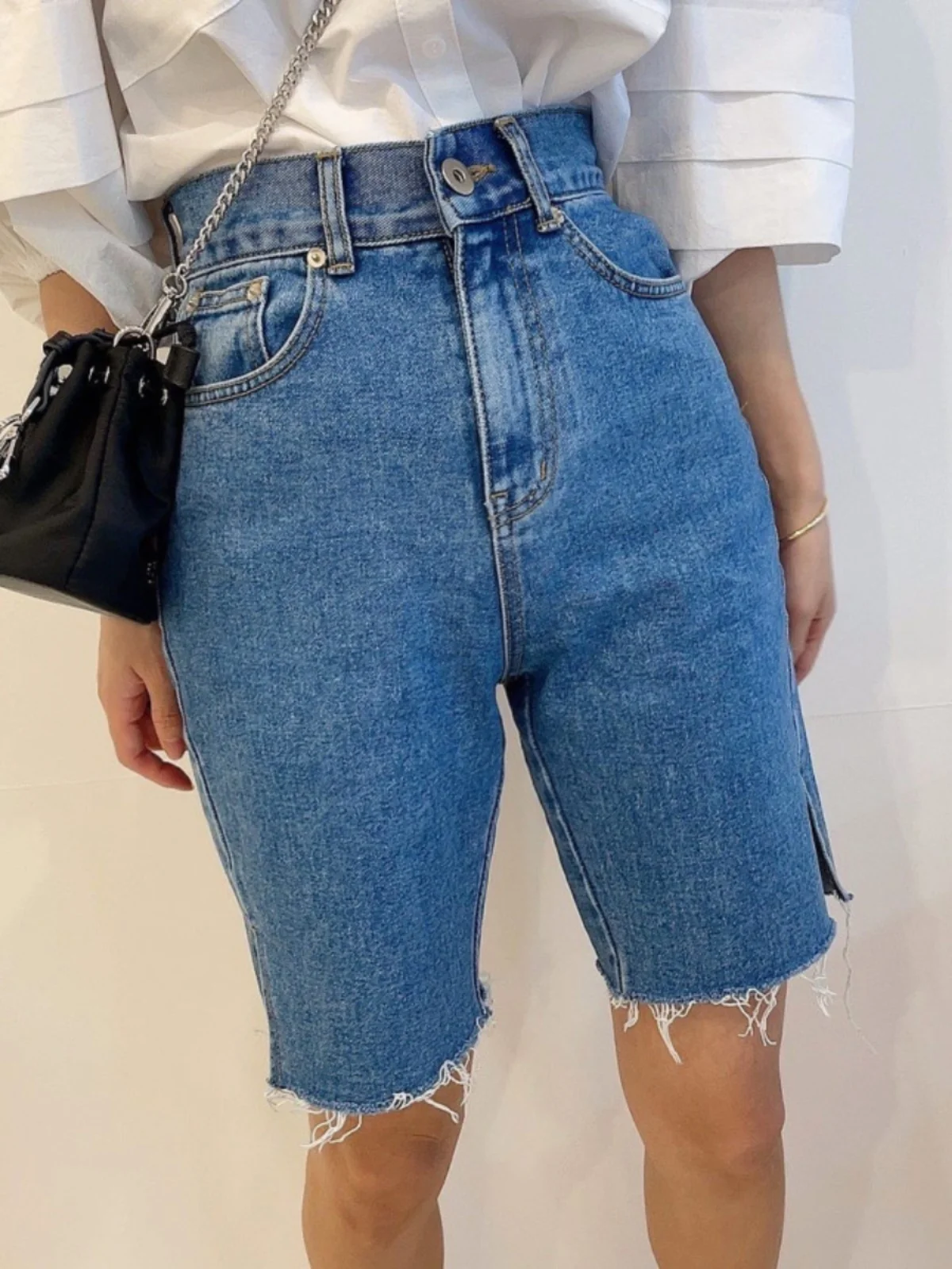 

High Waist Frayed Hem Denim orts Women's Chic Vintage Slimming Side Slit Straight Leg Versatile Five-Quarter Trendy orts