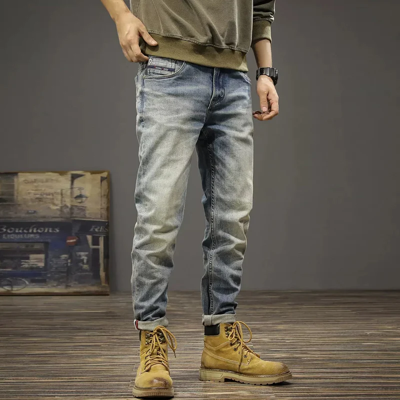 

Italian Designer Fashion Men Jeans High Quality Retro Blue Stretch Slim Ripped Jeans Men Vintage Trousers Casual Pants Hombre