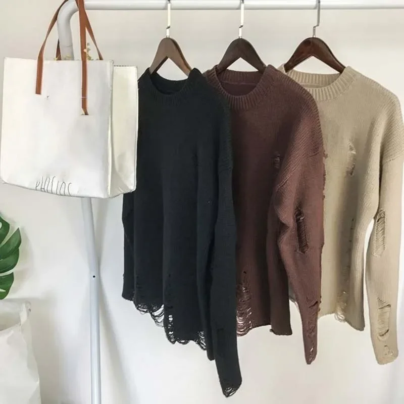 Ripped Loose Sweater Knitted Pullover Cutout Beggar Neck Long Sleeves Trend Korean Style Can Be Worn By Men and Women Punk F38