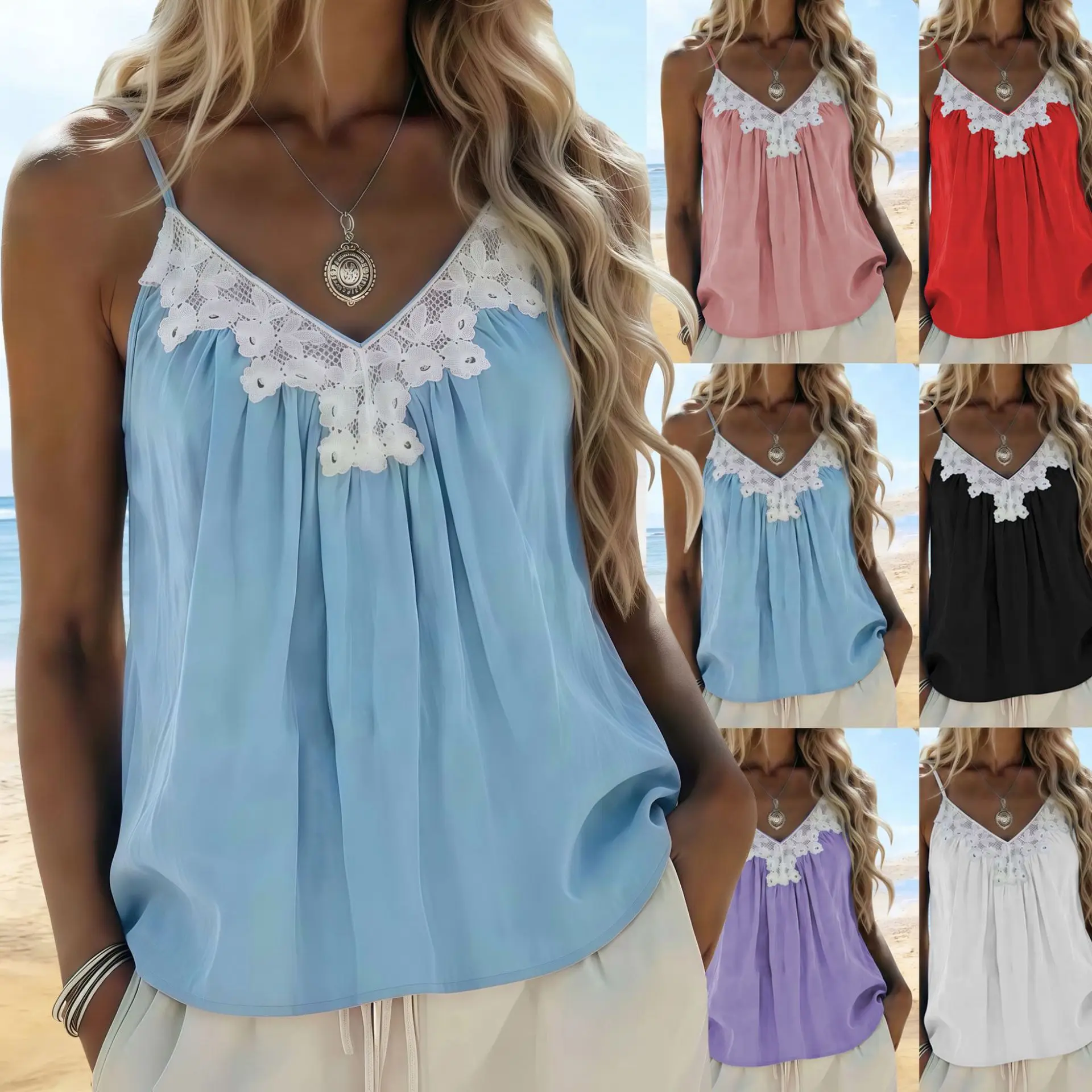 

2026 Summer Sexy Women Blouses V-Neck Sleeveless Lace Patchwork Shirts Solid Color Vest Casual Sexy Straps Beach Loose Tank Tops