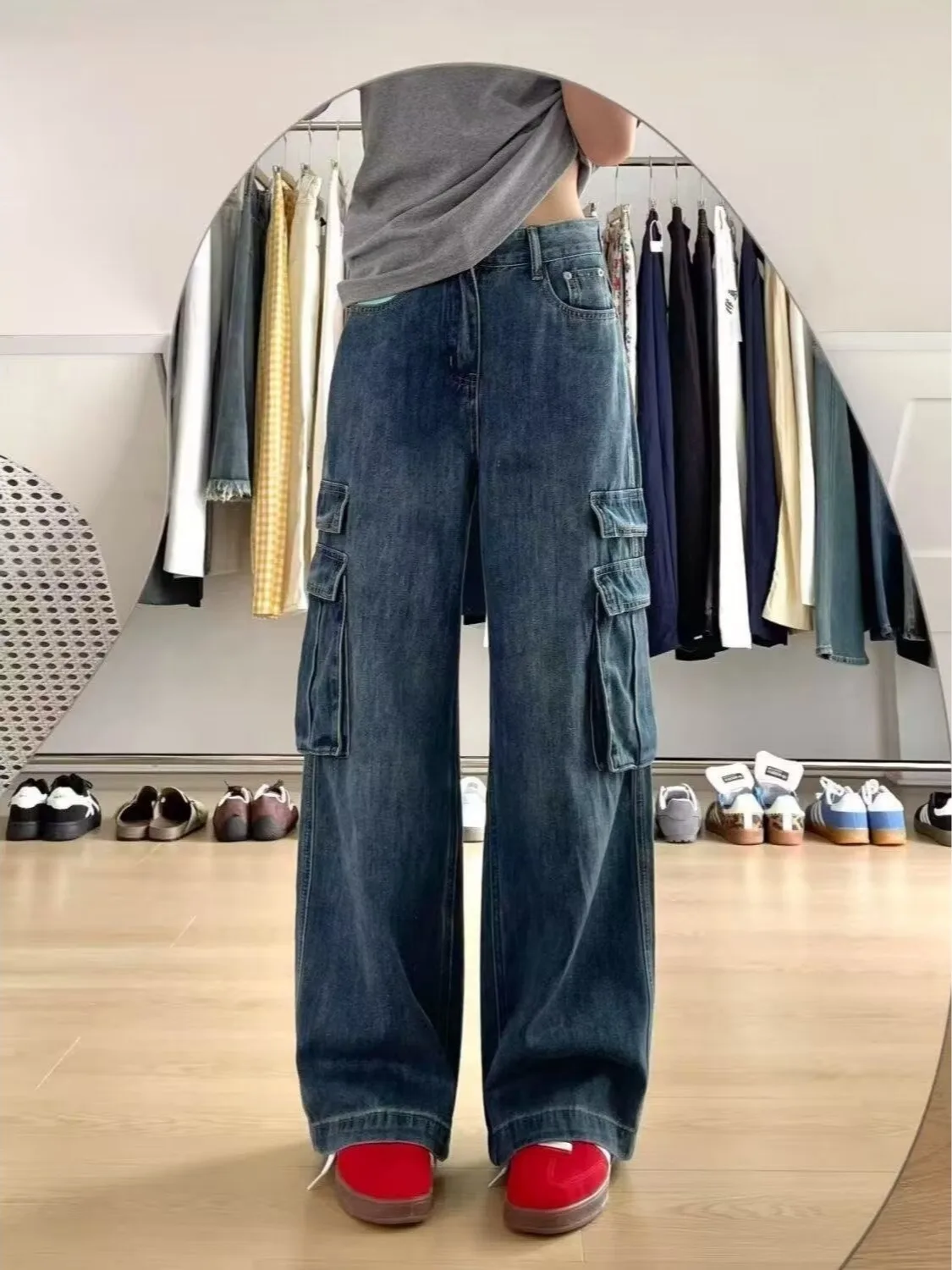 Retro Blue Wide Leg Denim Pants Women's High Waist Loose Fitting Draping Floor Length Workwear Trousers Casual Style Summer